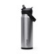 A drink bottle featuring a stainless steel body with a black flip straw lid and a logo.