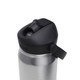 A drink bottle made of stainless steel with a black top and flip straw, featuring a logo.