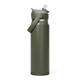 A drink bottle in olive green with a flip straw, featuring a silver stainless steel body and a handle.