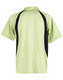 A light green men's polo shirt featuring black side panels and a collar, with a branding logo.