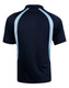 A navy blue polo shirt with light blue accents and a logo on the back. Features a classic collar and short sleeves.