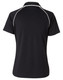 A black short-sleeve polo shirt with a raglan design and contrasting white piping, featuring a logo on the back.