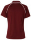 A burgundy short-sleeve polo shirt with a contrasting trim and a logo on the back.