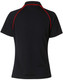 A black short-sleeve polo shirt with red raglan detailing and a collar, featuring a logo.