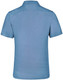 A blue polo shirt with a collar and short sleeves, featuring a logo on the back.