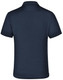 A navy blue polo shirt with a collar, featuring a logo, shown from the back.