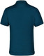 A back view of a navy blue polo shirt with a collar, featuring a logo on the side.
