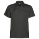 A men's polo shirt in black with a collar, short sleeves, and a branded logo on the chest.