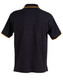A black polo shirt featuring a yellow trim and a logo on the chest area, viewed from the back.