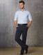 Men’s permanent press slacks in navy blue, paired with a light blue shirt and black belt, standing against a textured background.