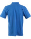 A blue men's polo shirt with a collar and short sleeves, featuring a logo on the back.