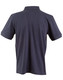 A navy blue men's polo shirt with a classic collar and short sleeves, featuring a logo on the back.