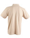 A beige men's polo shirt with a collar and short sleeves, featuring a logo on the back.