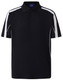 A navy polo shirt with white accents and a logo. It features a classic collar and short sleeves.