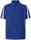 A blue polo shirt featuring white detailing and a logo, designed with a short sleeve style.