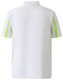 A white polo shirt with lime green accents and a logo, featuring short sleeves and a collar.
