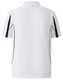 A white short sleeve polo shirt featuring navy detailing and a logo. The back displays a sporty design.