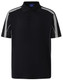 A black short sleeve polo shirt featuring contrasting grey detailing and a logo on the collar.