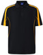 A black polo shirt with yellow side stripes and a logo. Short sleeves and a buttoned collar design.