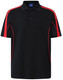 A black polo shirt with red accents and a collar, featuring short sleeves and a logo.