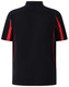 A short sleeve polo shirt in black with red detailing and a logo on the front.