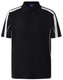 A black polo shirt featuring white side stripes and a collar, with a logo on the chest.
