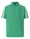 A green polo shirt featuring white accents on the sleeves and a collar. It has a logo on the chest.
