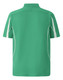 A green men's polo shirt featuring short sleeves and contrasting white piping, with a logo on the back.