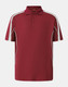 A maroon polo shirt featuring white stripes and a logo. It has a classic collar and short sleeves.