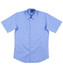 A light blue short sleeve button-up shirt with a chest pocket and a logo on the collar.