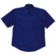 A navy short sleeve button-up shirt with a collar and one chest pocket, featuring a logo.