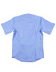 A light blue men's short sleeve button-up shirt with a back yoke and logo. Features a smooth, polished fabric.