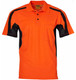 An orange short-sleeve safety polo shirt featuring black side panels and a chest pocket. It includes a logo.