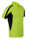 A bright hi-vis yellow and black safety polo shirt with a collar and short sleeves, featuring a pocket and logo.