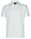 A white polo shirt with a collar and short sleeves, featuring a logo on the neckline.