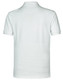 A white men's polo shirt featuring short sleeves and a collar, with a logo on the back.