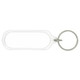An oval acrylic keychain with a transparent body and a metal ring.