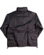 A rain jacket in black with a simple design and a logo on the back.