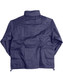 A navy outdoor activity spray jacket featuring a back view and a hood, with a logo present.