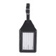 A black luggage tag with a clear window for information, featuring a strap and contrasting stitching.