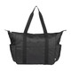 A black packable travel duffel bag with sturdy handles and side pockets. It features a logo on the front.