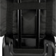 A packable travel duffel bag in black with adjustable straps and a retractable handle. Features a logo.