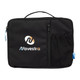 A black organiser case with a front zip pocket and a branding logo on the front. It features a top handle for easy carrying.