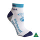 A pair of white anklet socks with a blue band featuring a logo.