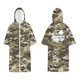 A camo-patterned hooded change towel in shades of green and brown, featuring a logo on the back.