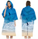 A hooded change towel in blue featuring a beach and wave design, with a logo on the front.