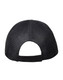 A black Premium Cotton Twill Trucker Cap featuring a mesh back and adjustable strap. It has a logo on it.