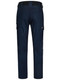 Navy stretch work pants with a fitted design, featuring multiple pockets and a logo on the back.
