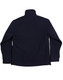 A navy blue reversible jacket with a high collar, featuring long sleeves and a simple design. It has a logo.