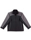 A reversible jacket in black and grey with contrasting design elements and a logo on the left side.